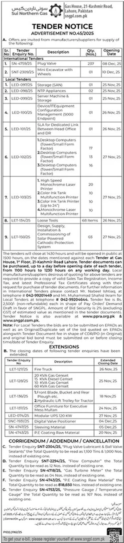 Sui Northern Gas Company Limited Lahore Tender Notice 2